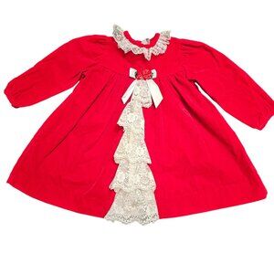 Vintage Rose Cottage Red Velvet Lace Ruffle Baby Dress 24 Month Holiday Photos